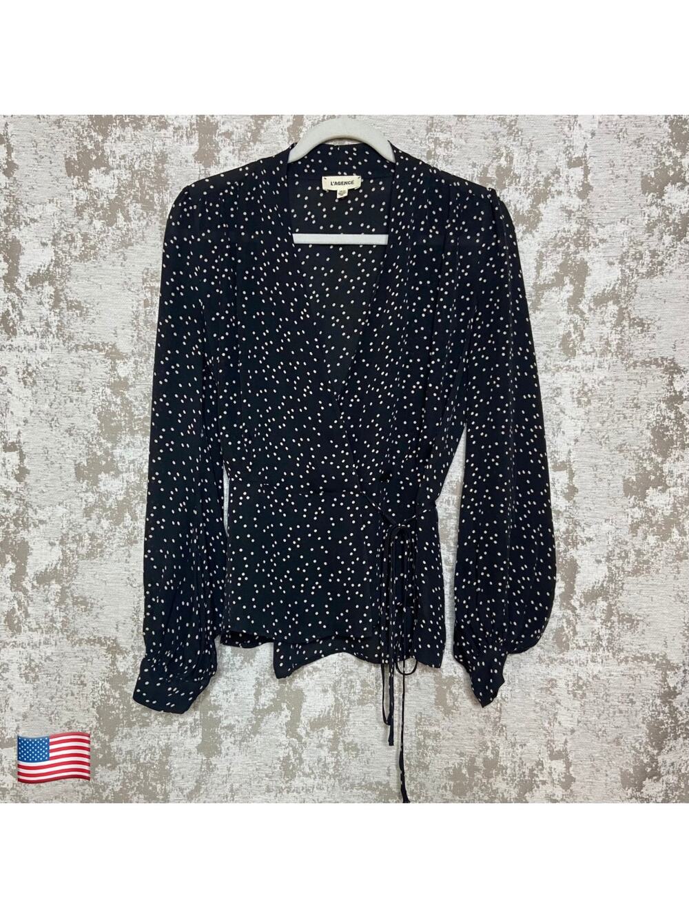 L'Agence Cara 100% Silk Wrap Front Polka Dot Blouse
